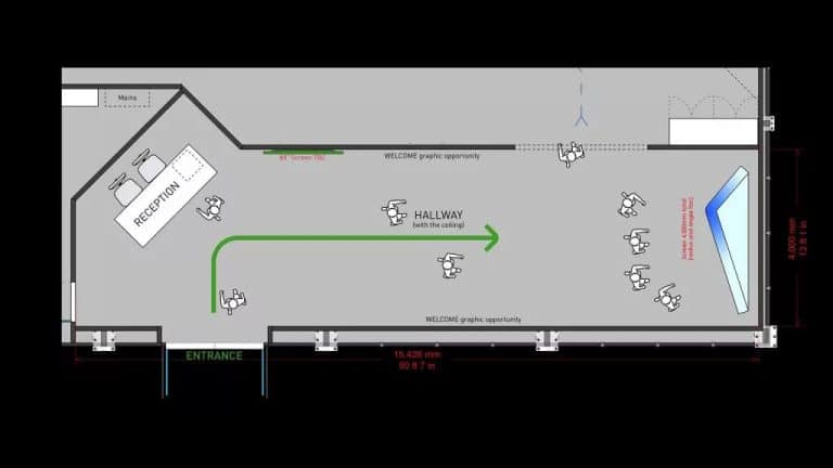 Floor layout for digital anamorphic illusion animation fighter jet