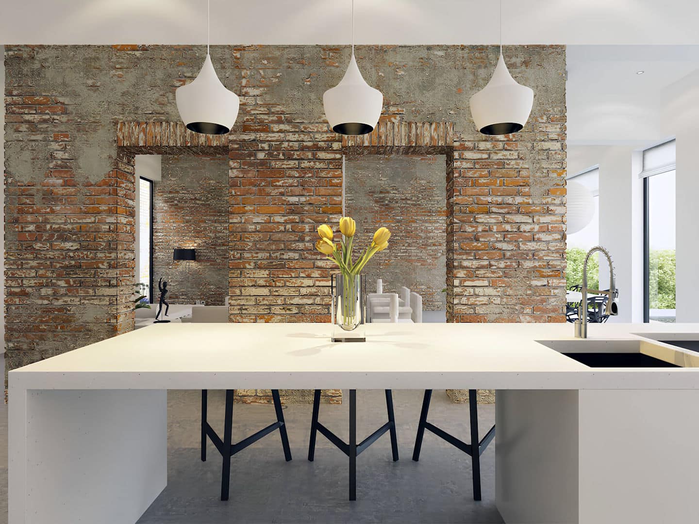 Modern CGI Kitchen and Dining with Industrial Style Counter