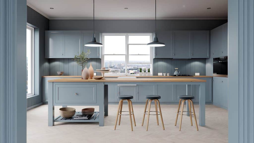 Modern Coastal CGI Kitchen with Skyline Views Daytime