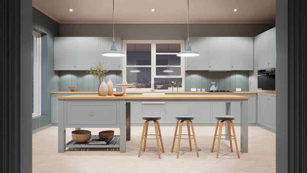 Modern Coastal CGI Kitchen with Skyline Views Nightime