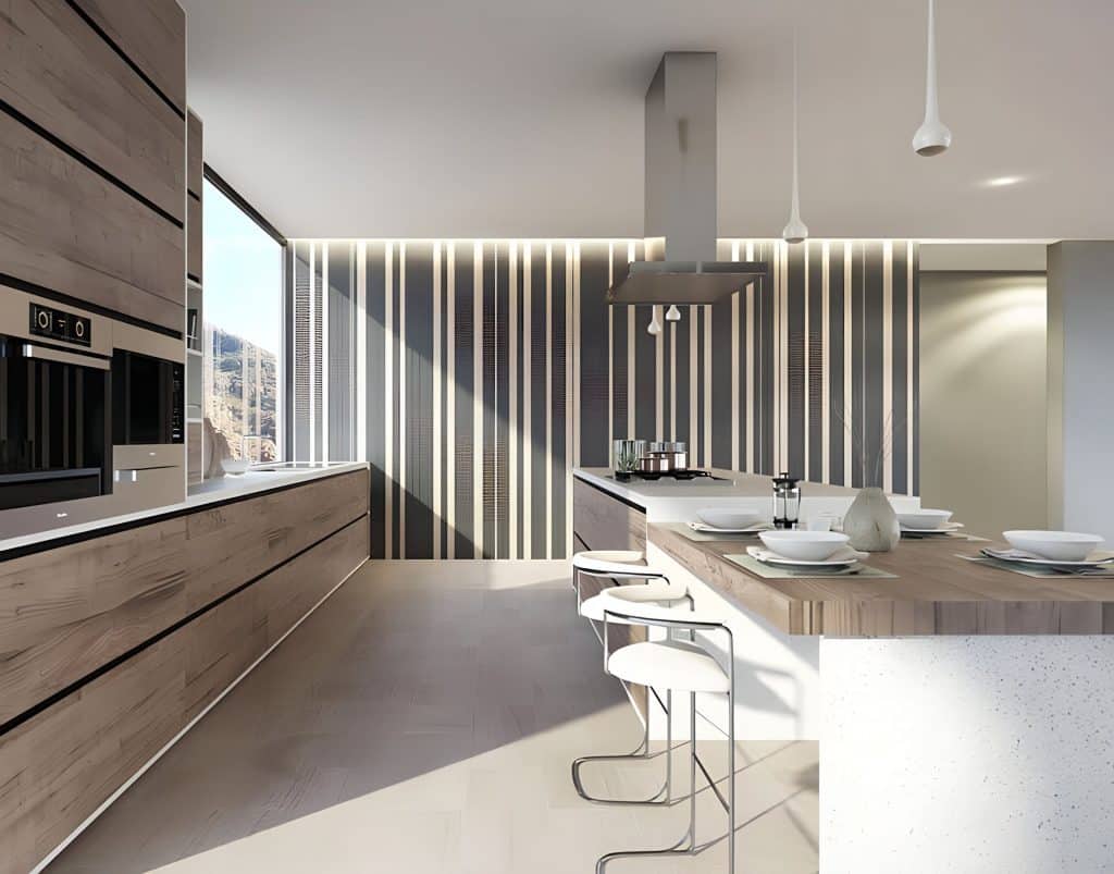 Modern Luxury CGI Kitchen Blending Nature & Design Counter View