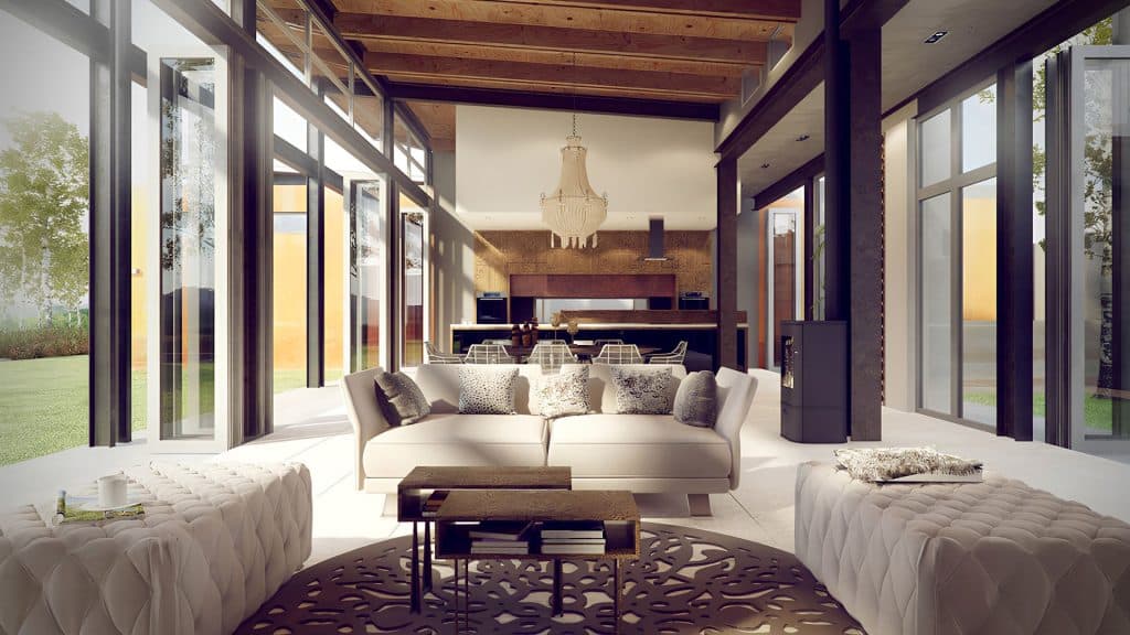 Photoreal CGI visualization modern single‑story residence Living Room