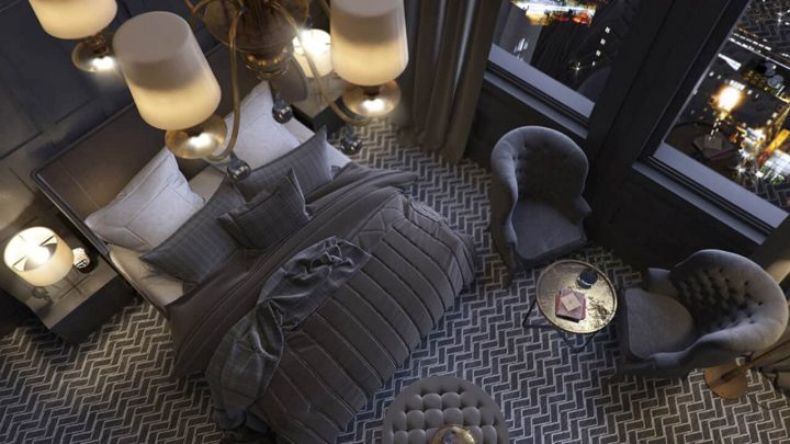 CGI Visual Contemporary Bedroom Night Aerial 3D Image