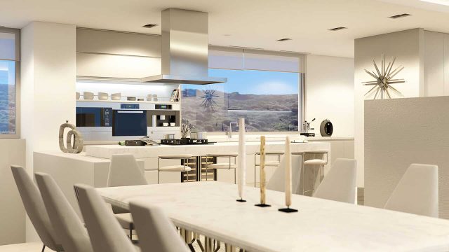 Minimalist Kitchen CGI with Expansive Scenic Views