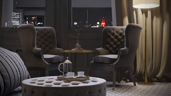 Night Time CGI Visuals Seating Area Interior Architectural Visualization Image